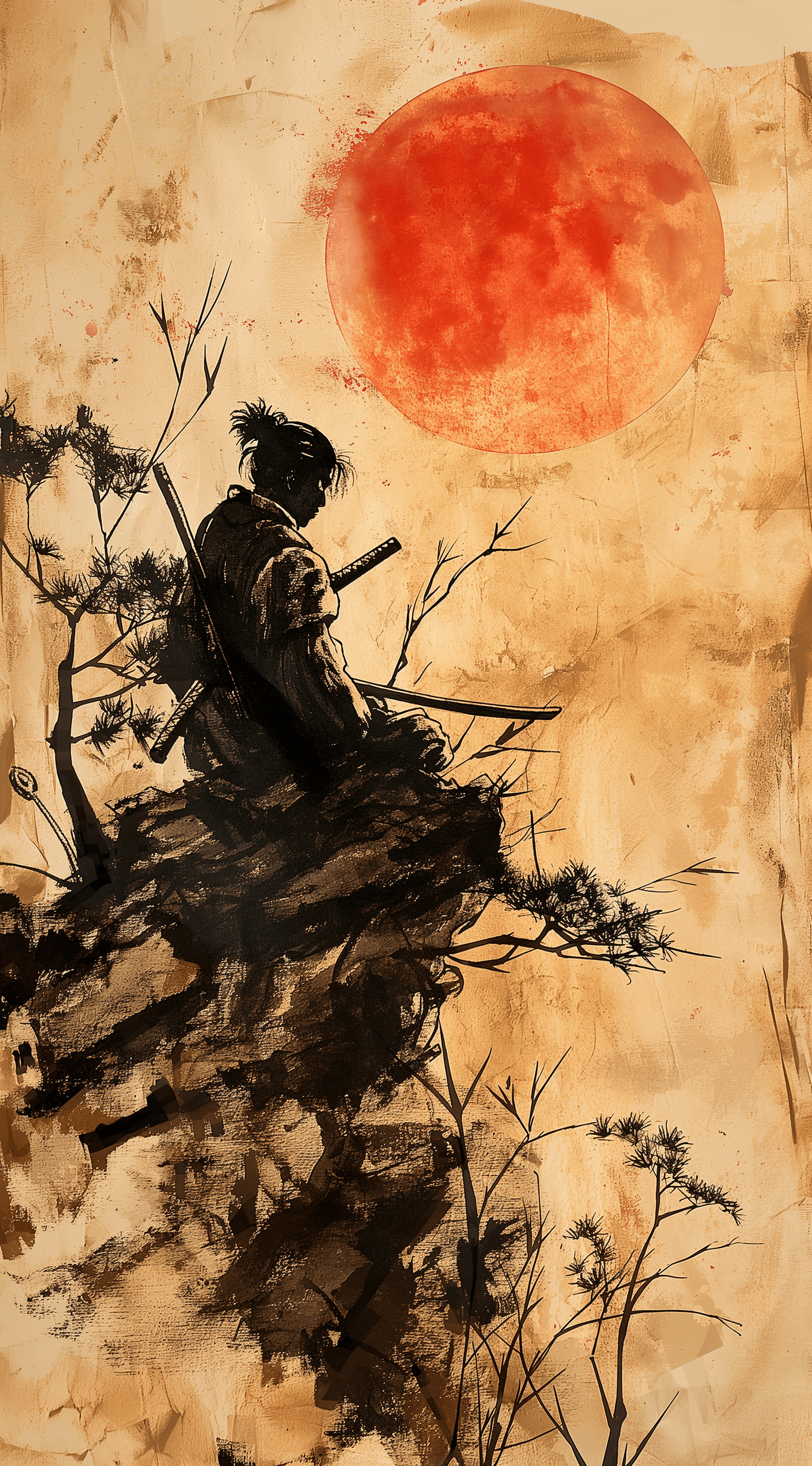 AI generated: Japanese ink drawing, in the style of samurai legends, intricate brushwork, setting sun --ar 71:128