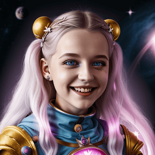 AI generated: junge crazy smiling prinzessin des lichts, weiße kurze Haare, fantasy, gesichtstatto, space, 8k, 
