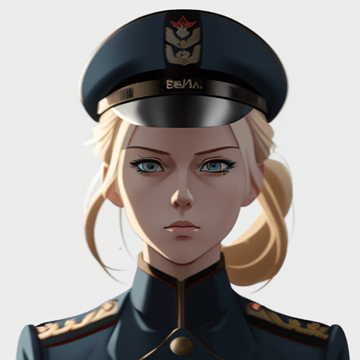 AI generated: russian militar navy woman from WWII, blonde, blue eyes, hair with bun, (cel shading, anime:1.3), co...