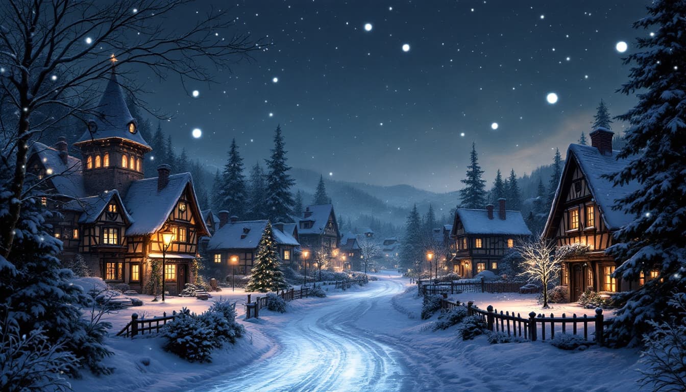 AI generated: a serene and idyllic winter scene, showcasing a quaint medieval village nestled in a snow-covered la...