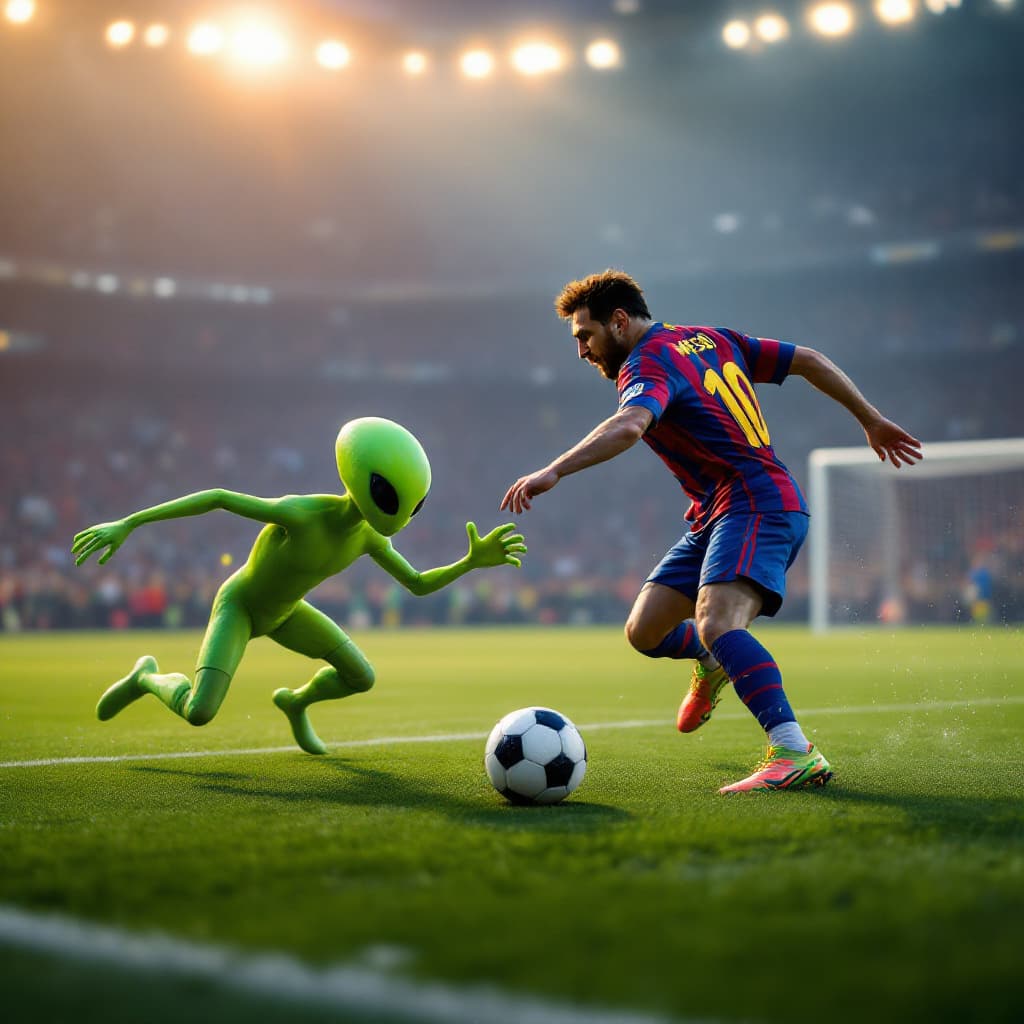 AI generated: Lionel Messi playing football and scoring a goal against a green martian with a classic green alien ...