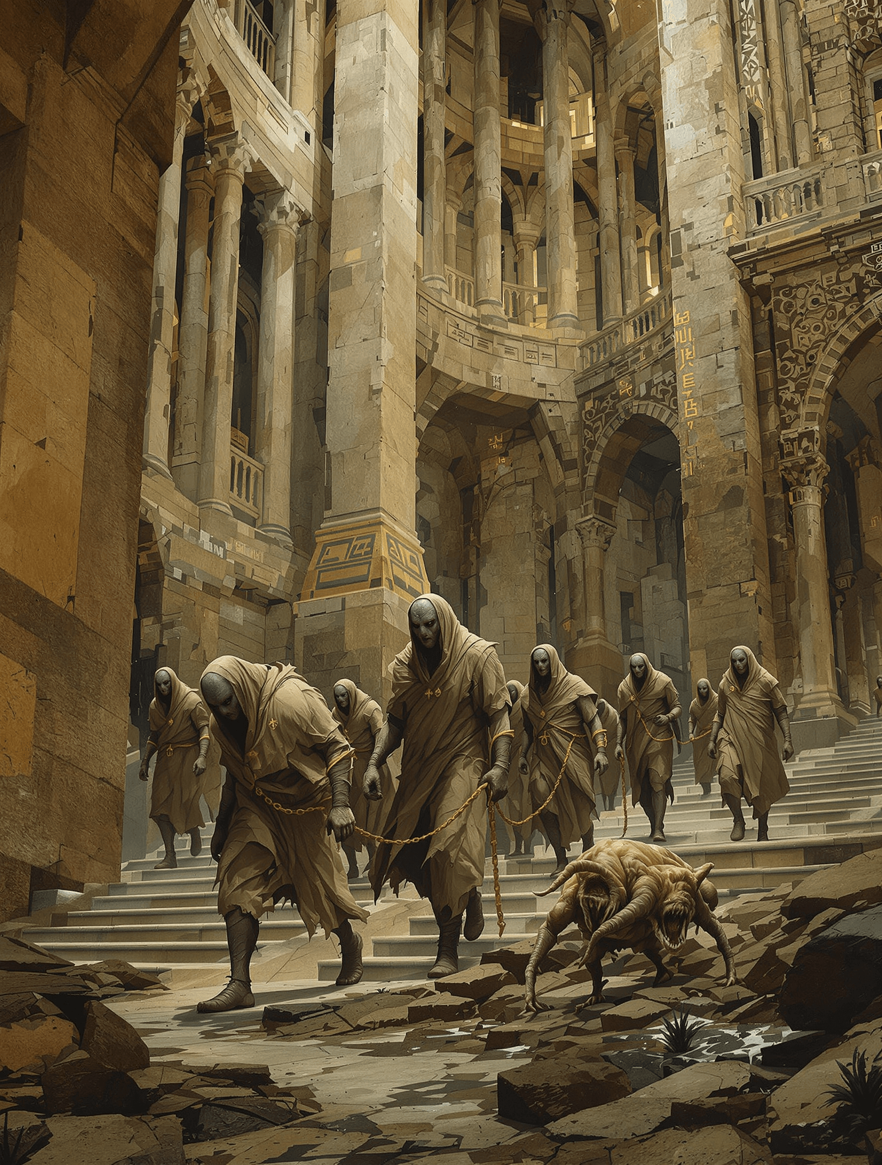 AI generated: /Artprompt Sci-fi, create a dystopian futuristic scene depicting (a group of strange mystical beings...