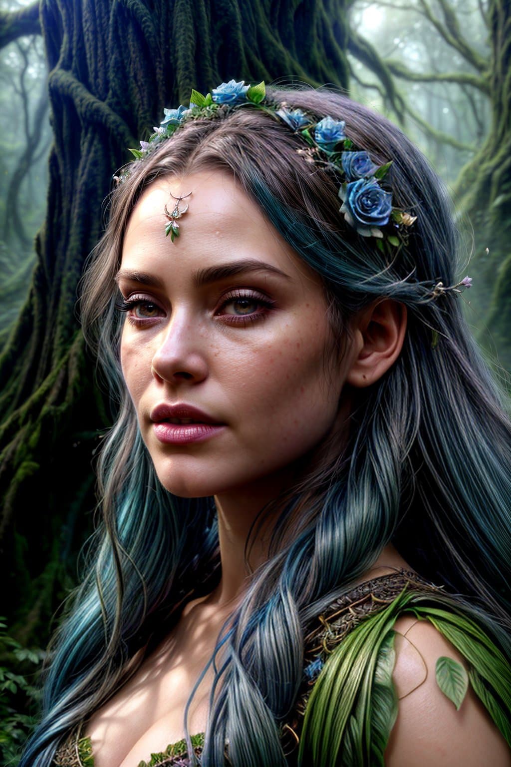 AI generated: goddess dryad of the forest, strong expression, roots, concept art, rimlights, flowers overgrown, de...