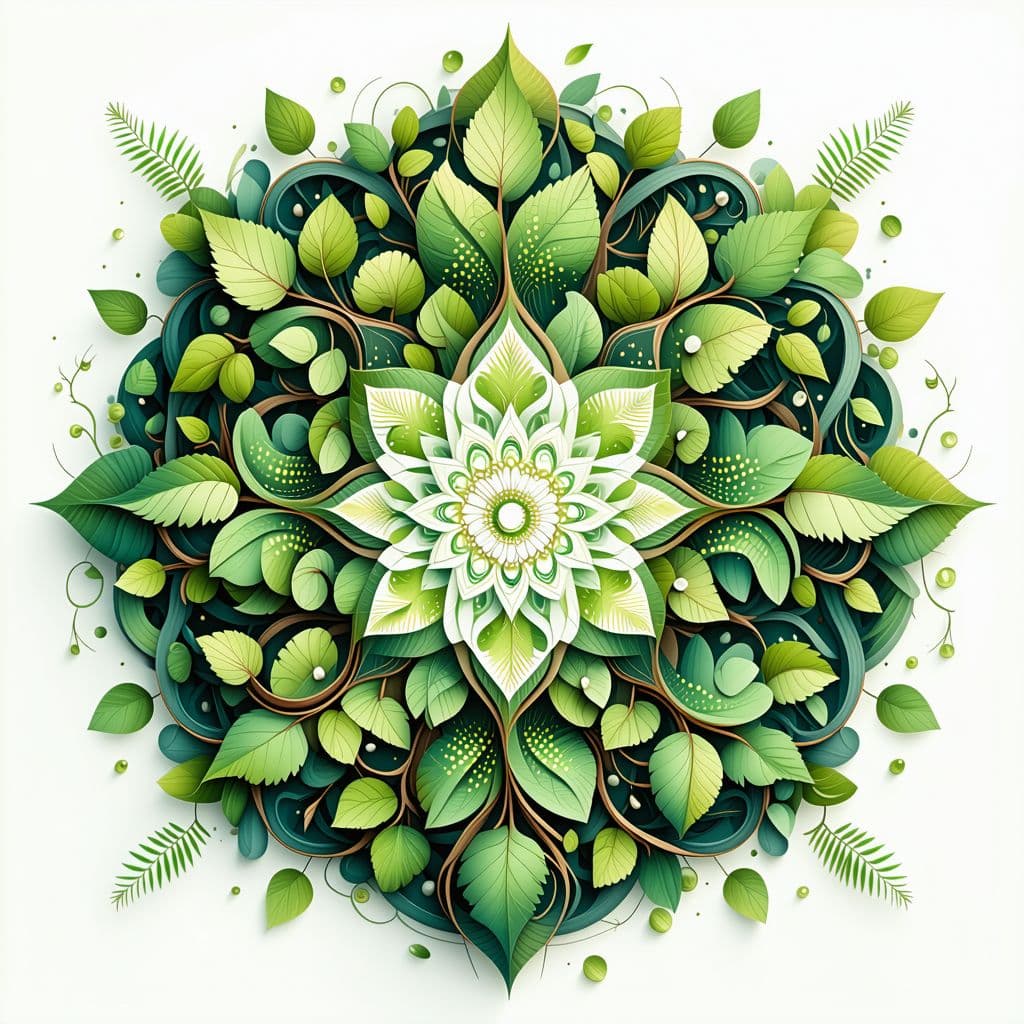 AI generated: **Leafy Harmony Mandala** – A botanical mandala with swirling vine patterns, oak and maple leaves, a...