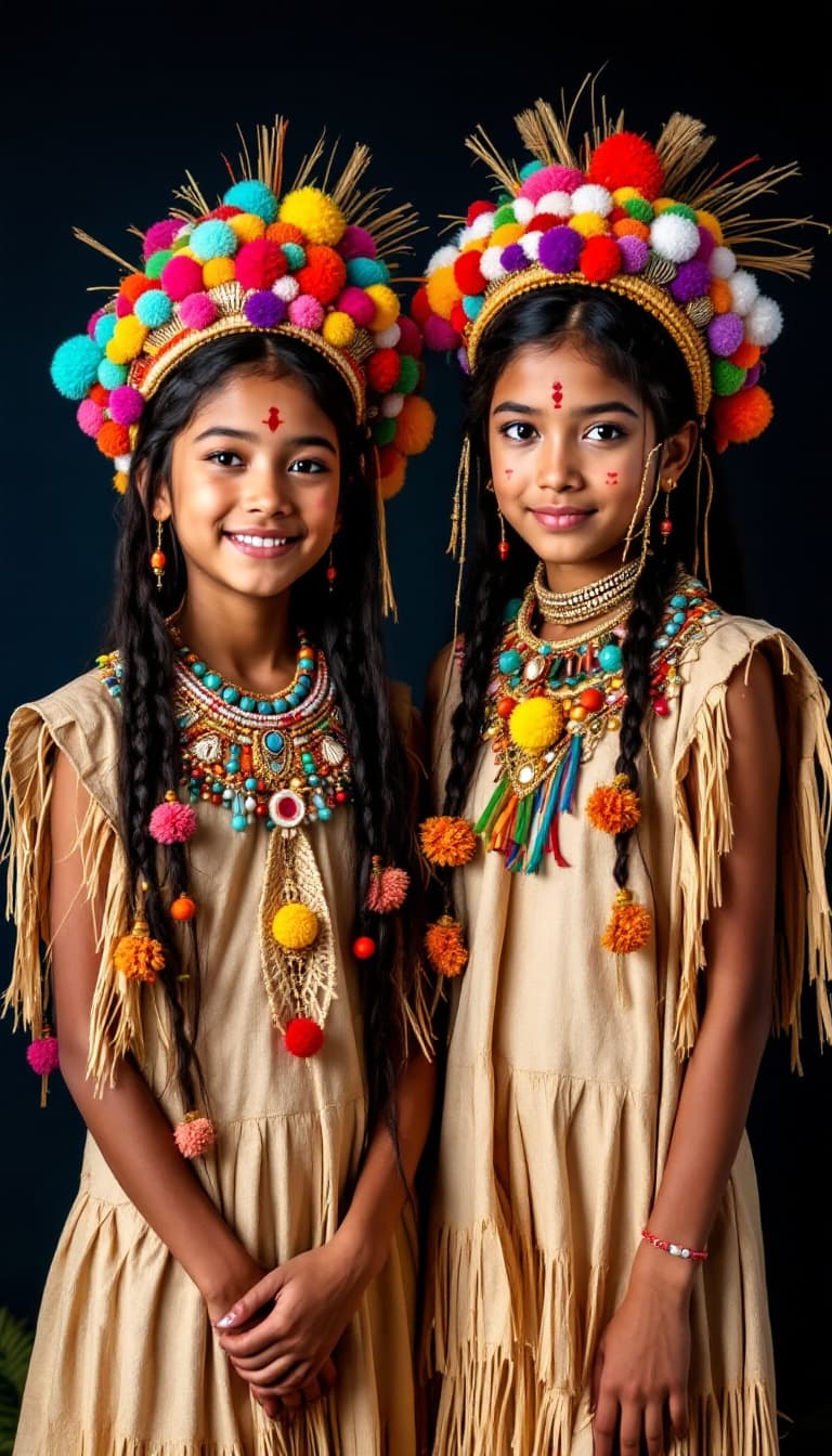 AI generated: Two young girls, likely Indigenous South American,  circa 12-14 years old,  are dressed in elaborate...