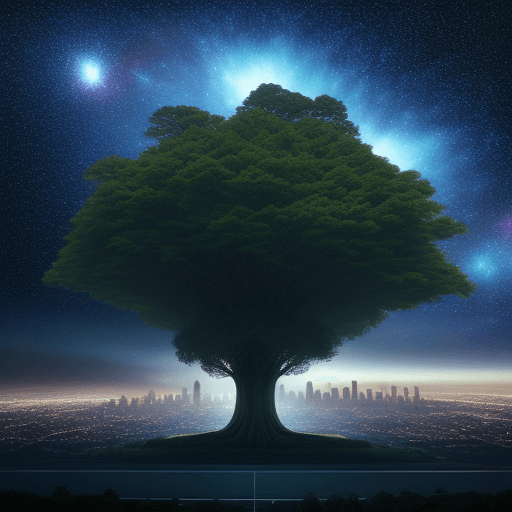 AI generated: sci fi, hyper realistic, large tree, low perspective, city-scape in background, galaxy in sky