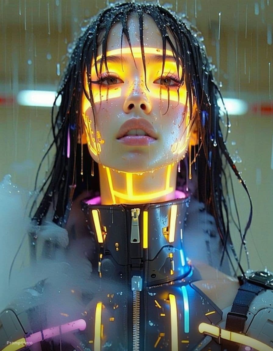 AI generated: A sultry cyberpunk street siren stands under neon rain, her long, silken hair streaked with electric...