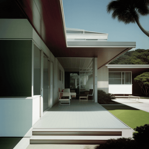 AI generated: Hyper realistic eye level exterior photo of a mid century modern style house overlooking the ocean, ...