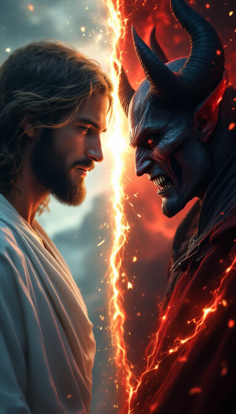 AI generated: A cinematic masterpiece rendered in 8k octane, showcasing a timeless conflict: a divine Jesus to the...