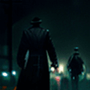 AI generated: a man in a trench coat and hat walking down a street in the rain with a car behind him, Ben Templesm...