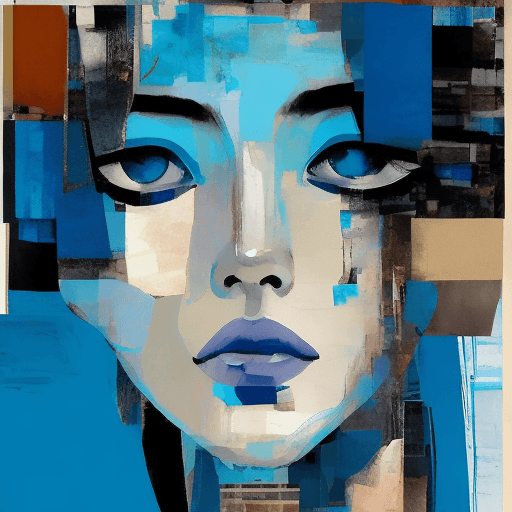 AI generated: print collage of a woman's face, in the style of josef kote, grunge beauty, dain yoon, cyan and blue...