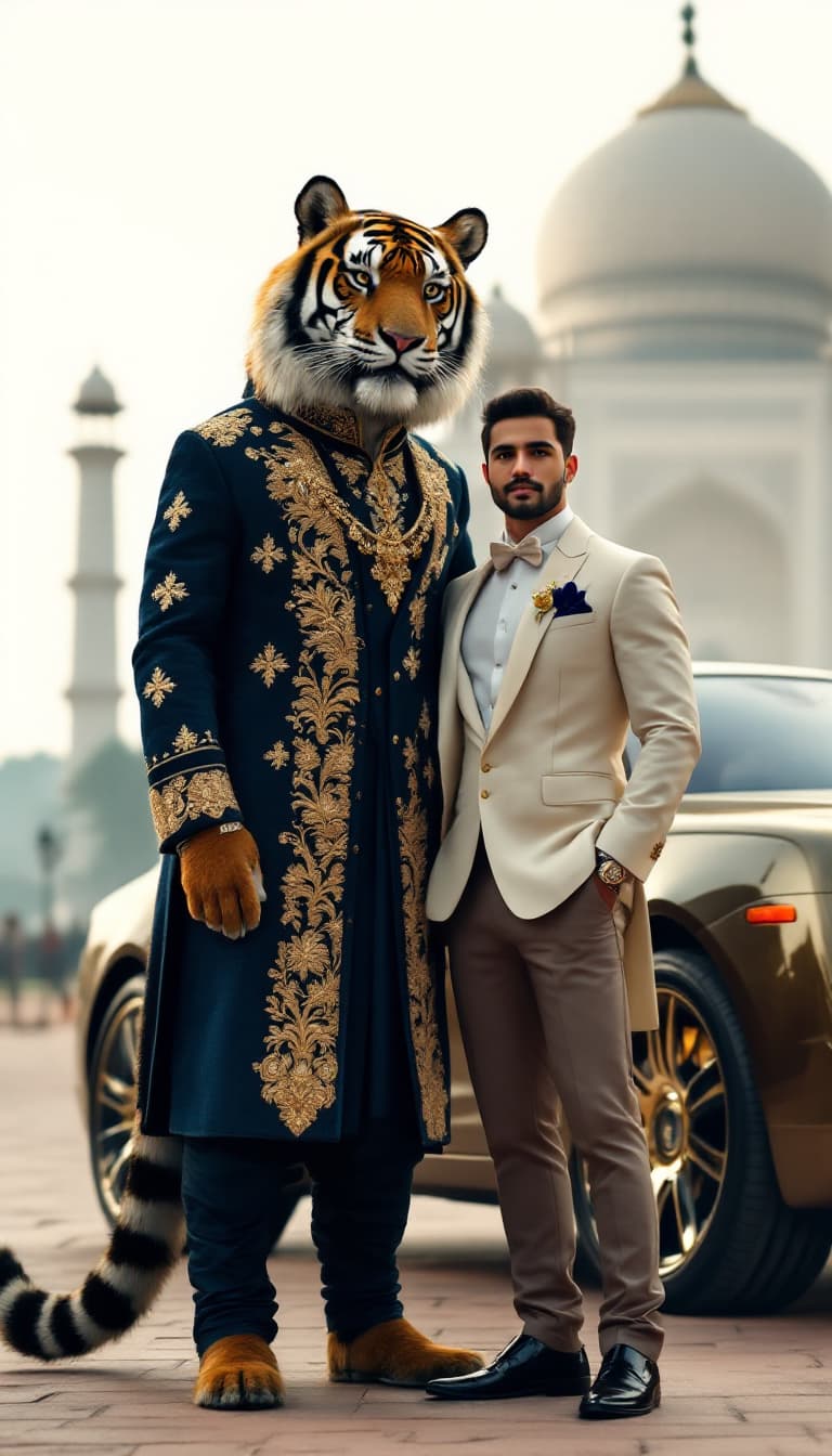 AI generated: A regal anthropomorphic Bengal tiger in a dark blue and gold embroidered sherwani, standing beside a...