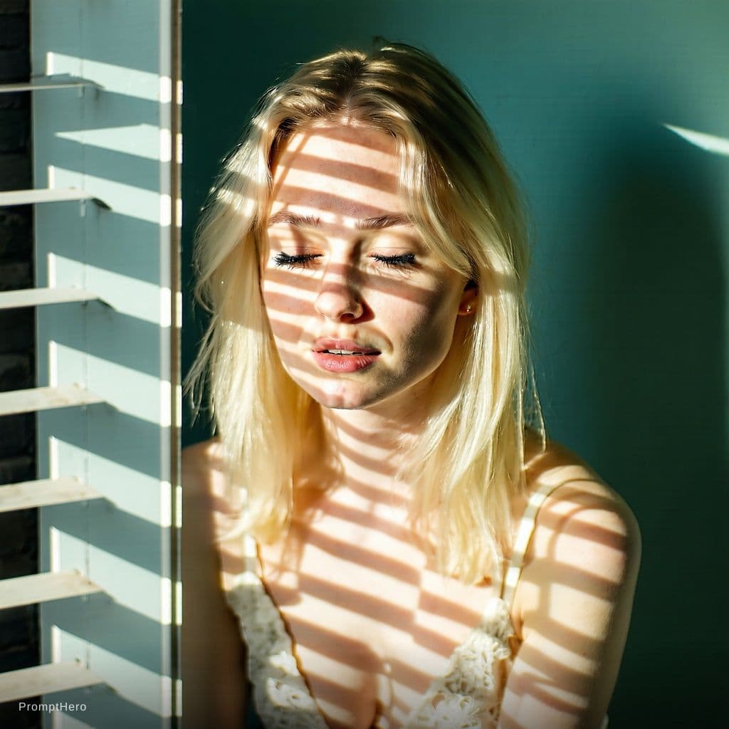 AI generated: "birds eye view of a 30 years old blonde woman,looking down,watching herself sitting centralized dir...