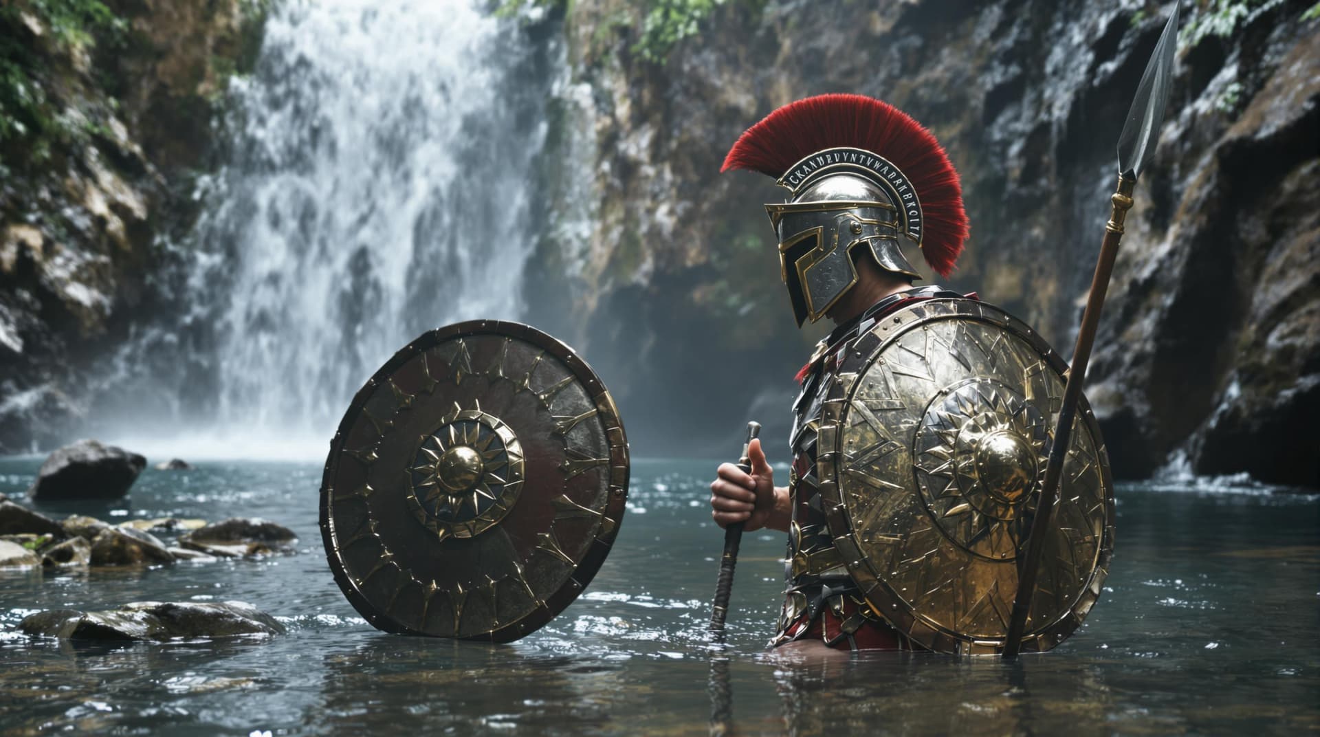AI generated: Spartan in Spartan Armor (spartan shield and spear) in the River Gorge, against a waterfall, 8k ultr...