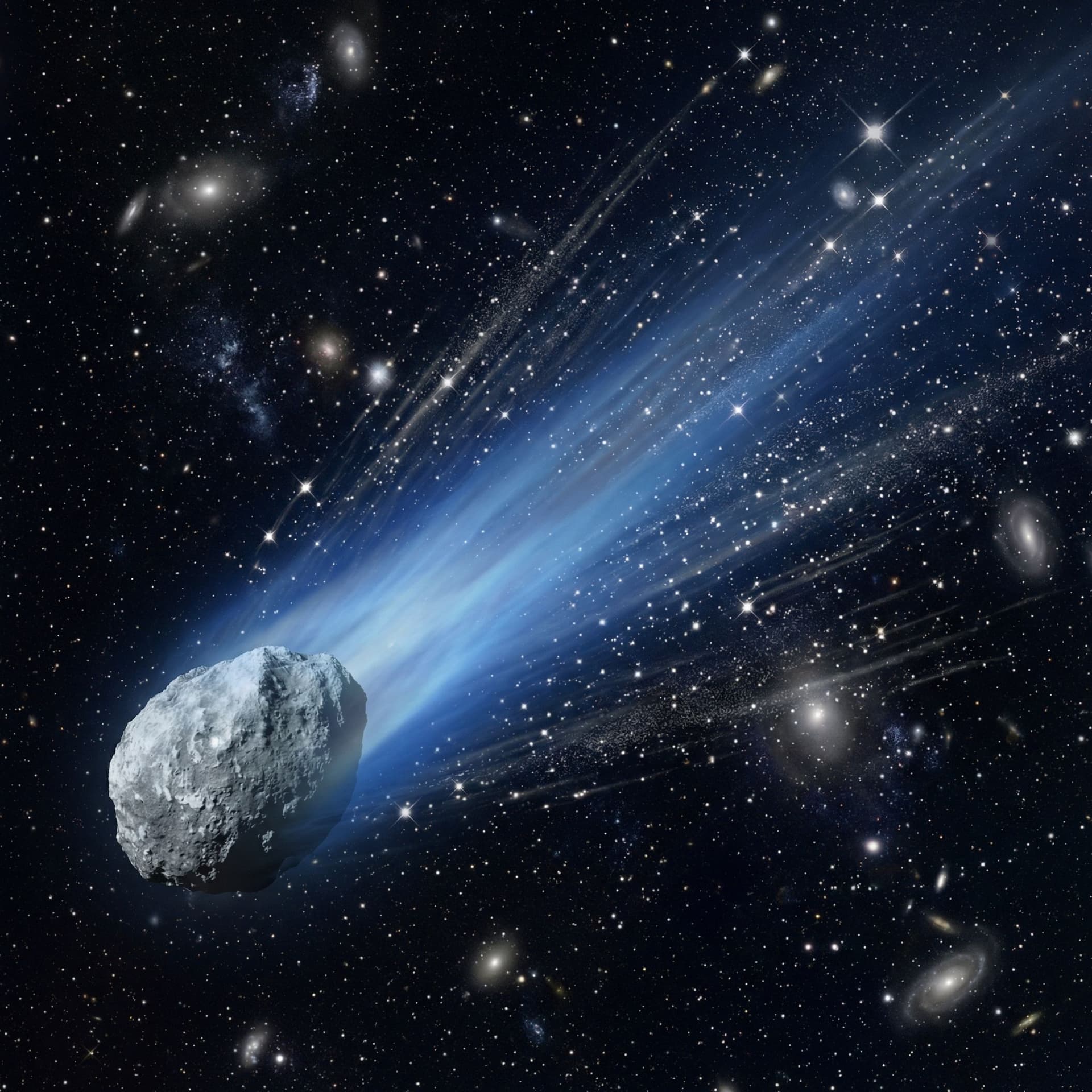 AI generated: a grey comet with a long blue tail with white and grey sparkles sprinkling off of it in the darkness...