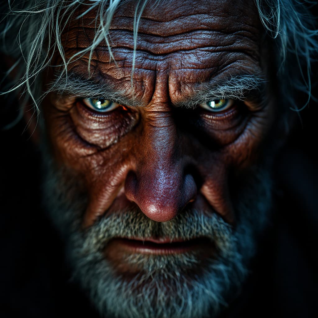 AI generated: This image is an intense and dramatic close-up portrait of an elderly man with a rugged and weathere...