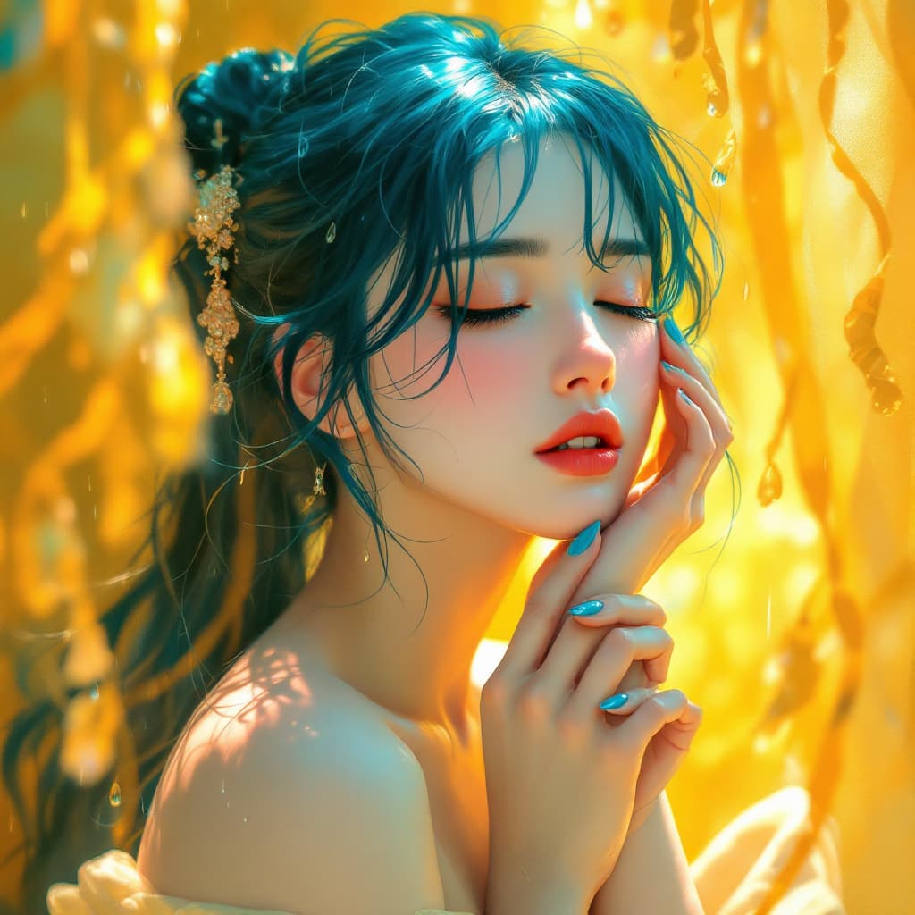 AI generated: A girl with closed eyes and blue hair, depicted in an artistic style inspired by the Xing Xing group...