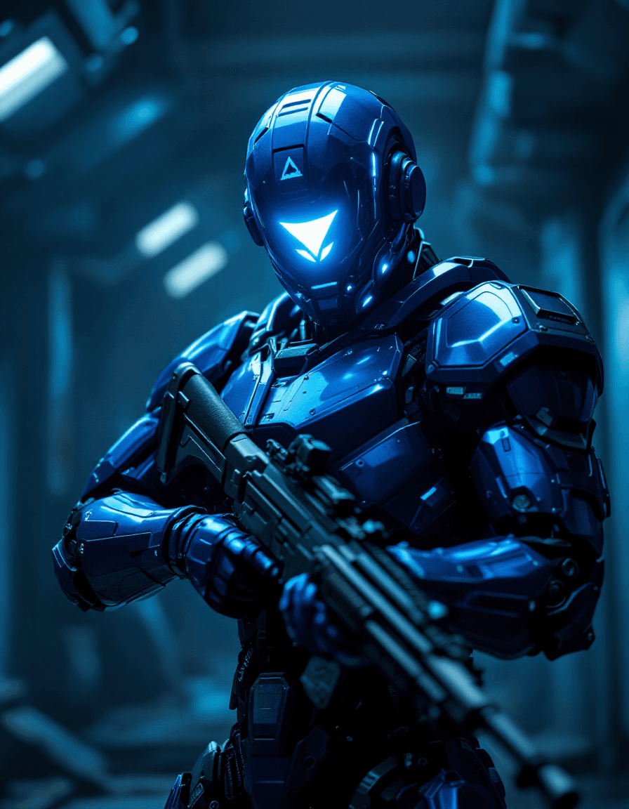 AI generated: In a dimly lit, underground chamber, a Mecha Bionic man, clad in Raiden-inspired armor with all blue...