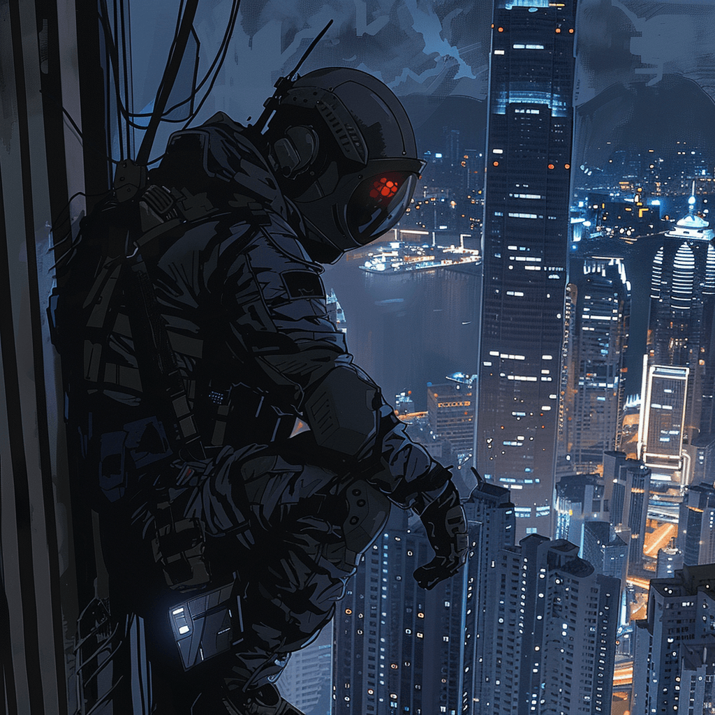AI generated: A spy agent wearing tactical suit getting ready to infiltrate a tall building in Hong Kong at night....