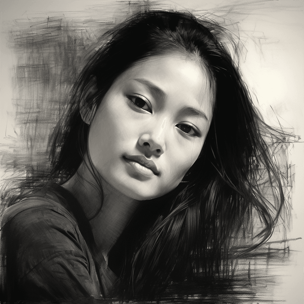 AI generated: charcoal drawing by Odilon Redon, sketch portrait, face only, an absolutely gorgeous Asian woman, hi...