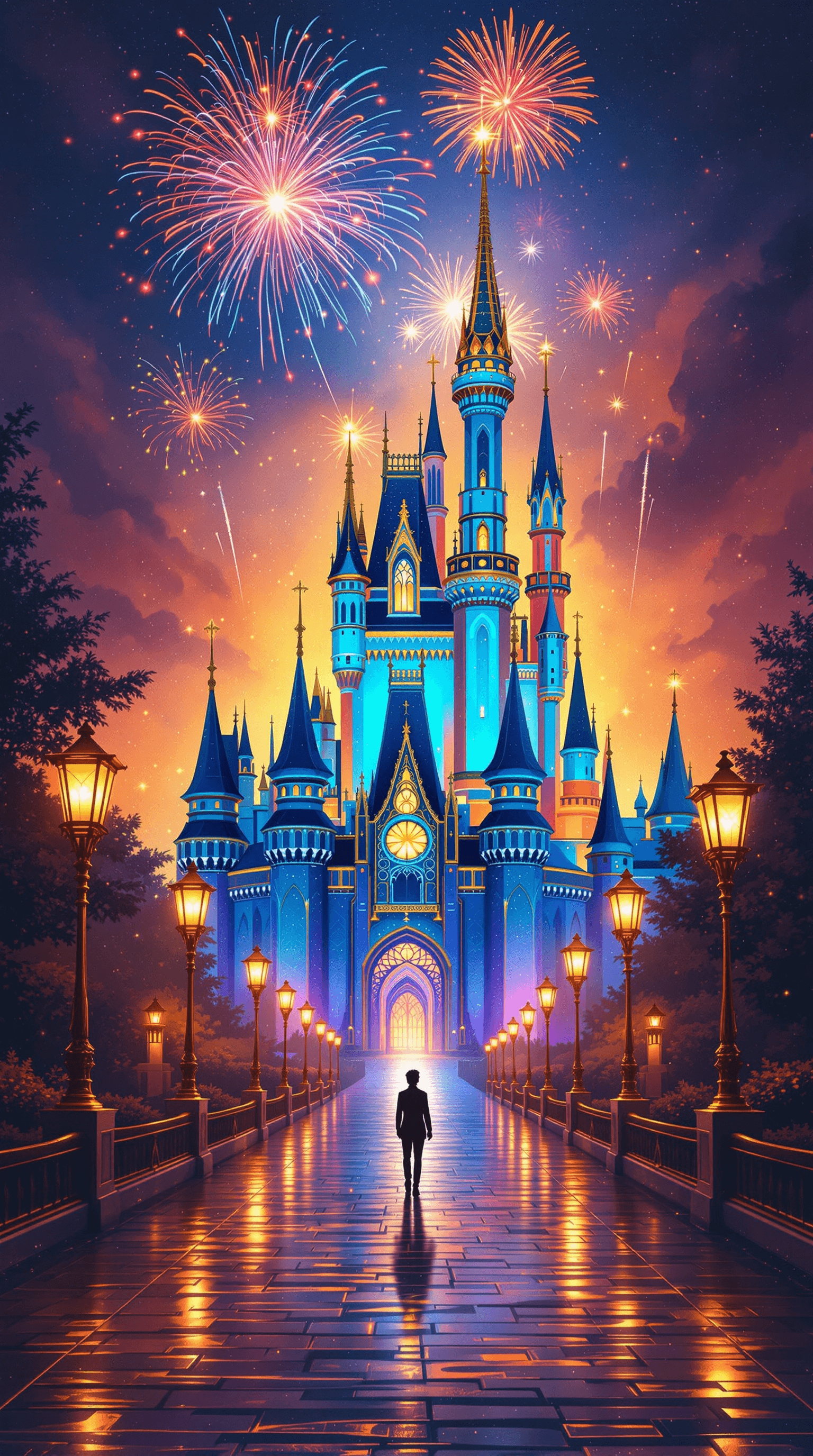 AI generated: A majestic fairy tale castle illuminated in brilliant shades of blue and gold, standing at the end o...