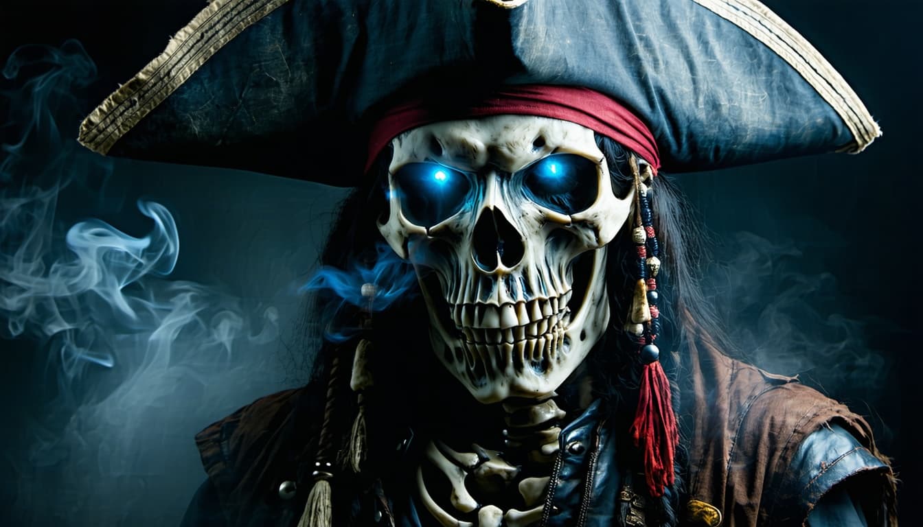 AI generated: Cinematic studio close-up portrait, undead pirate king, realistic dark fantasy character,
skull face...