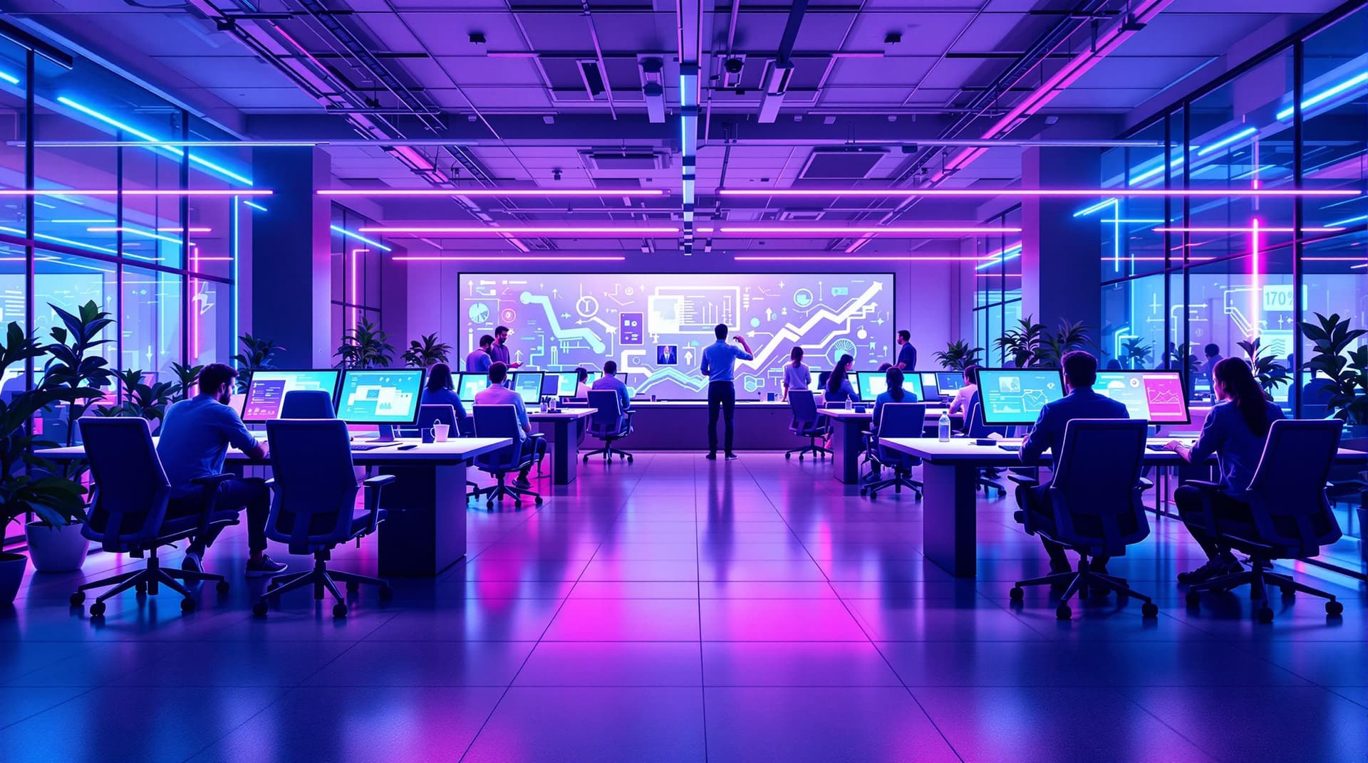 AI generated: "Ultra HD 8K, futuristic startup office space with creative workstations, employees collaborating, m...