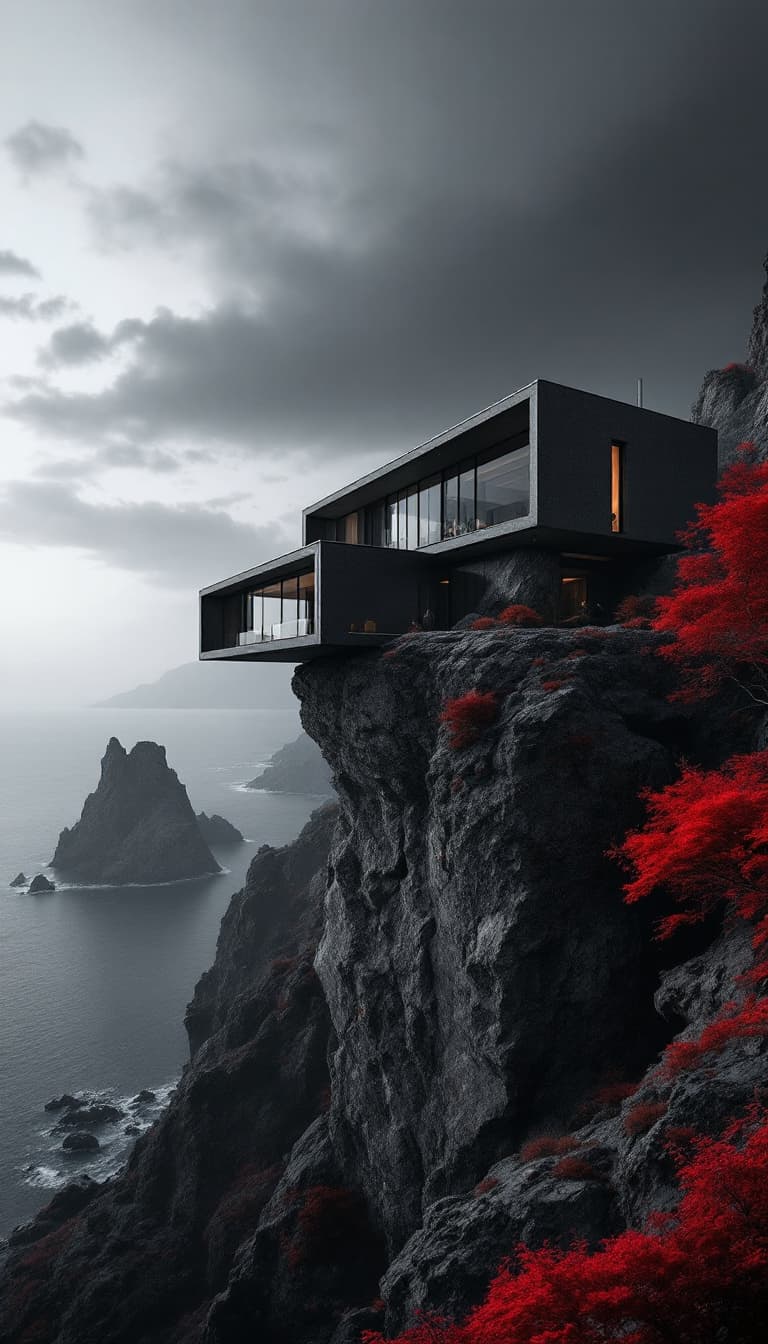 AI generated: modern house at the cliff top in a black and red rocky landscape, in the style of realistic and hype...