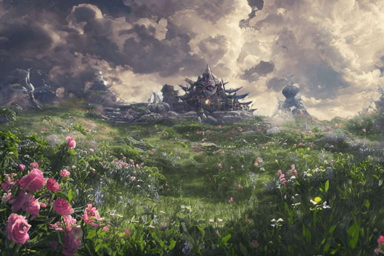 AI generated: The White Castle of the King, Many flowers, A few roses, clouds, dramatic clouds above, warrior in t...