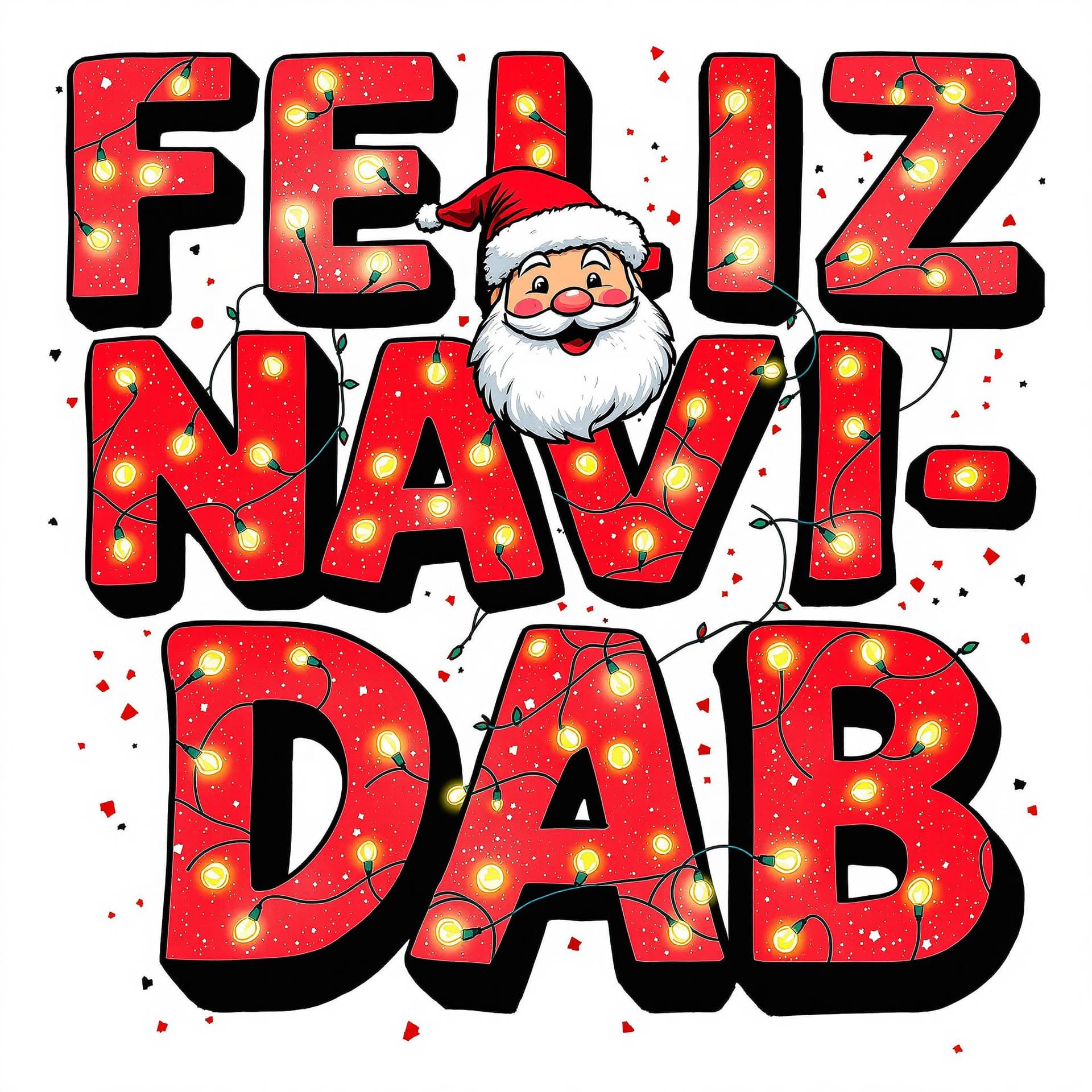 AI generated: "Feliz Navi-Dab"
Font: Funky block letters with holiday lights wrapped around them.
Graphic: A carto...