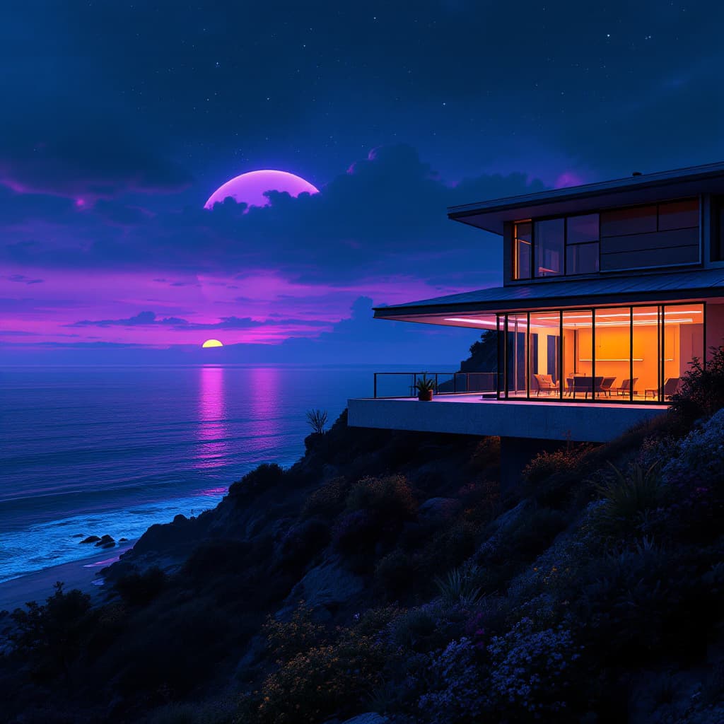 AI generated: cyberpunk eye level exterior image of a mid century modern style house overlooking the ocean, night,...