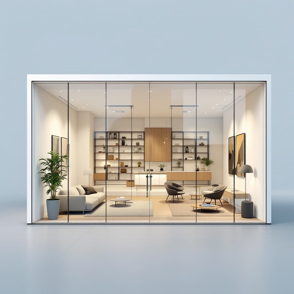 AI generated: 🟦 PROMPT DETALLADO – SHOWROOM 25x6,5m

Genera una vista aérea en 2D (plano cenital) de un showroom ...