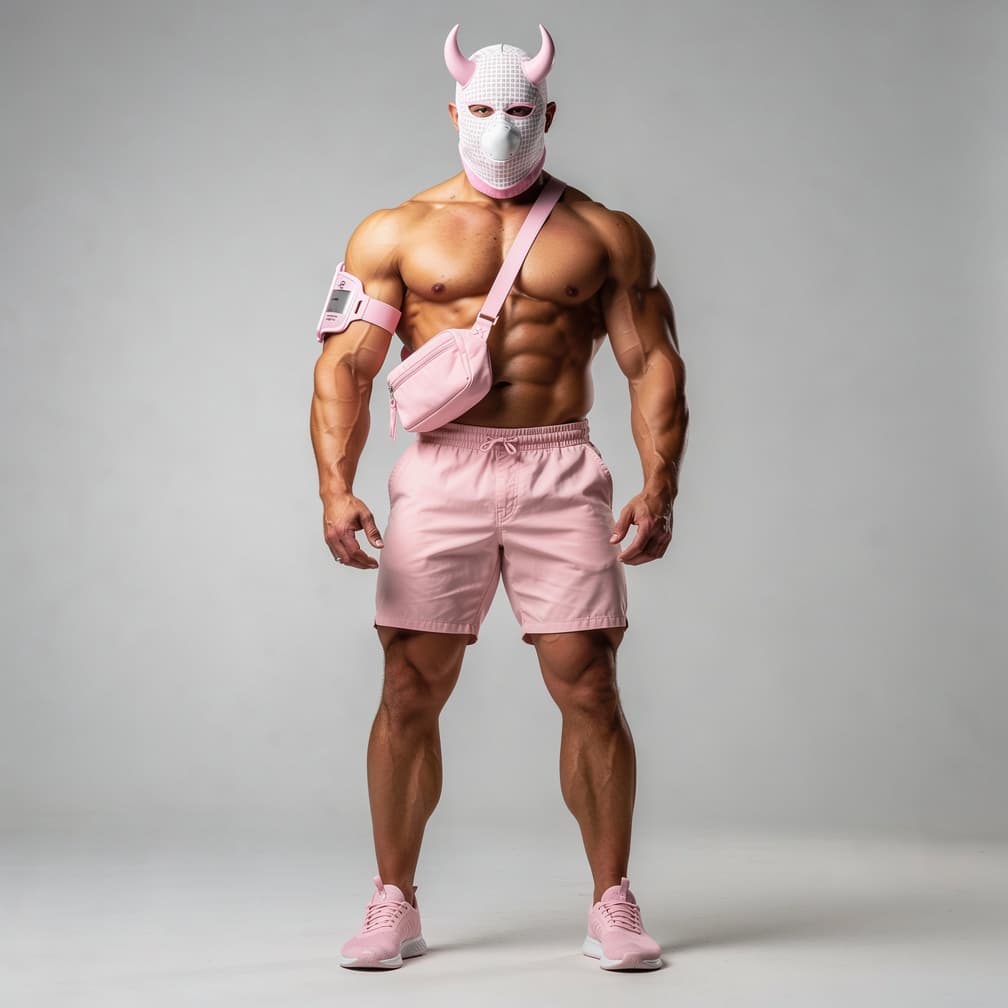 AI generated: A big muscular man wearing light pink short shorts and with a light pink arm band and small light pi...