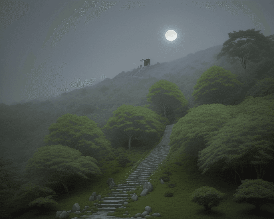 AI generated: rocky hill full of long green trees with stairs going up to the top where there is a visible wooden ...
