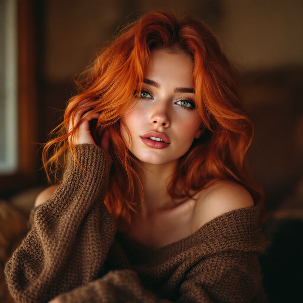 AI generated:  In high definition, surreal, psychedelic, and trippy A woman with wavy red hair, wearing an off-sho...