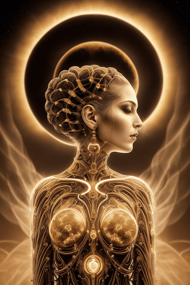 AI generated: a solemn biomechanical woman in side profile, posed like a saintly icon, soft glowing brass implants...