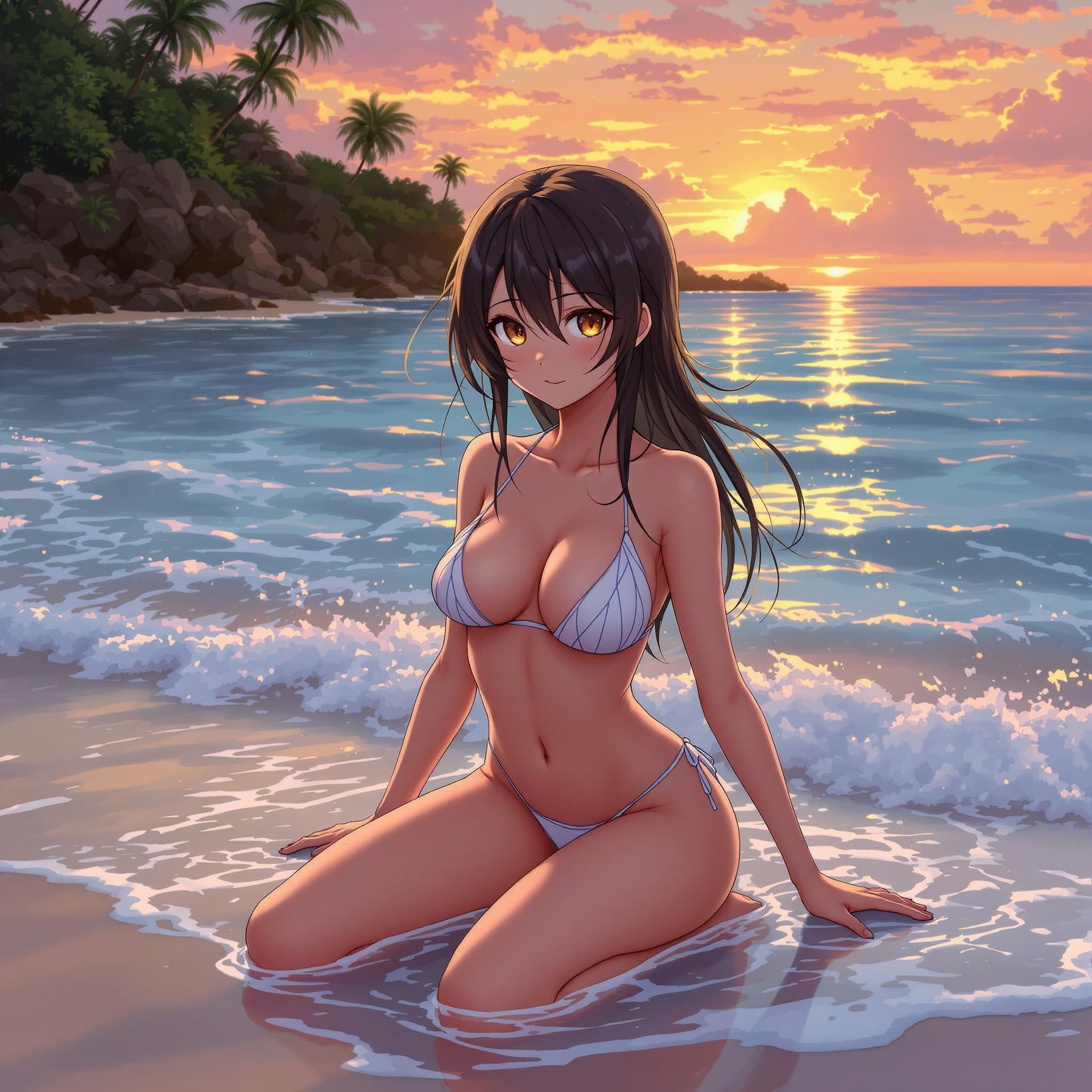AI generated: Anime girl, in a beach, sunset, wearing a bikini, big chest, wet, legs spread wide, amber eyes, cute...