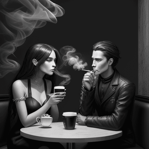 AI generated: Black and white art of a man and a woman are drinking coffee in a coffee shop, smoke around him, det...