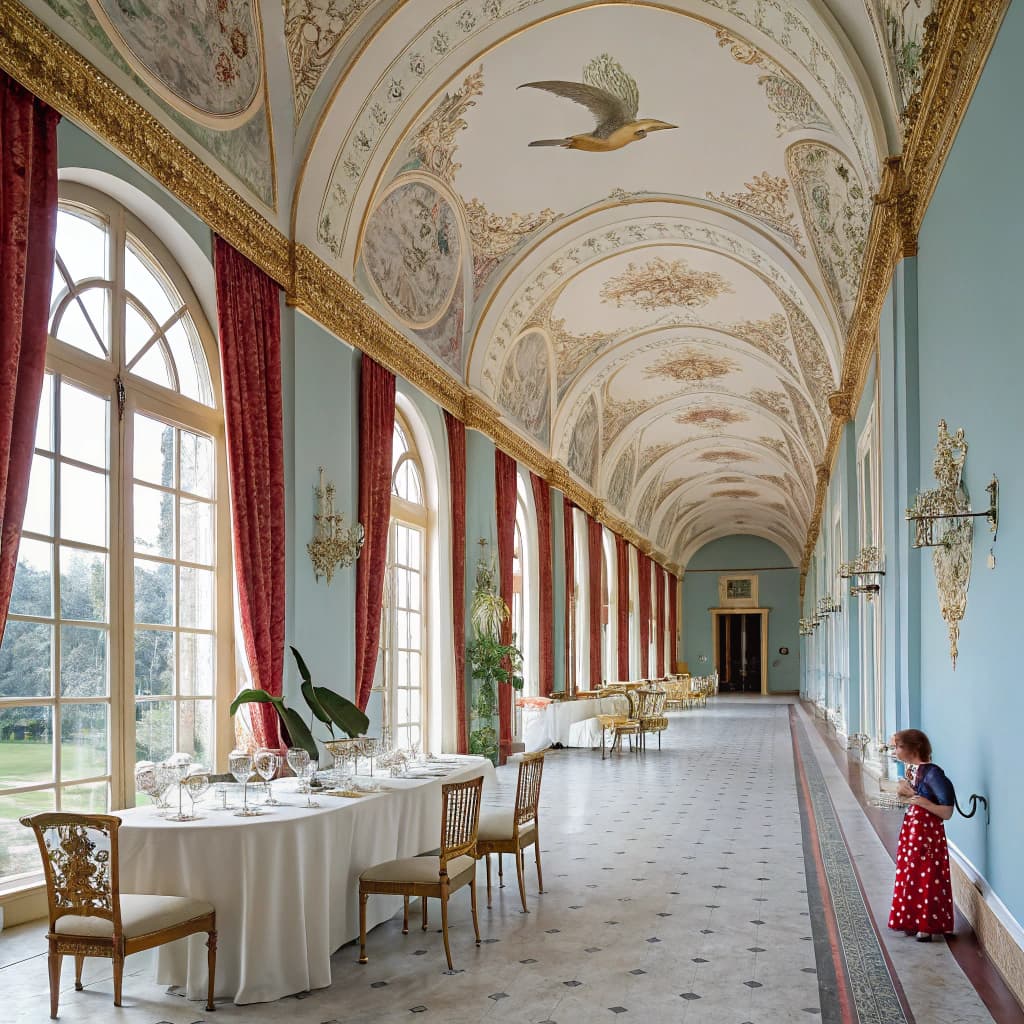 AI generated: Italian luxury long dining room with hig ceilling big arch shape windows with open red curtains red ...