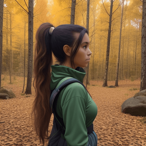 AI generated: An Indigenous forest in the fall with a beautiful girl with hair in a long ponytail dressed in hikin...
