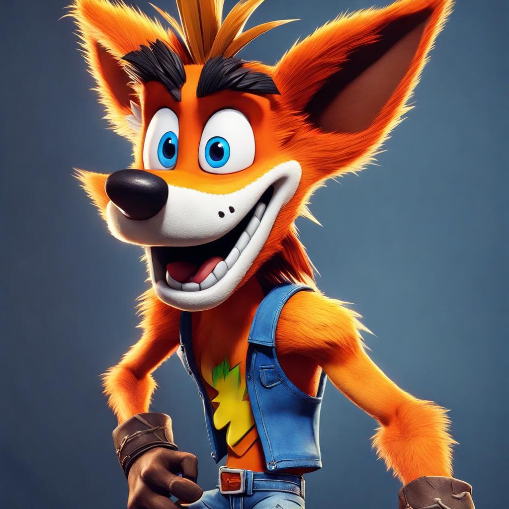 AI generated: A masterpiece showcasing Crash Bandicoot's iconic appearance, including his orange fur and blue jean...