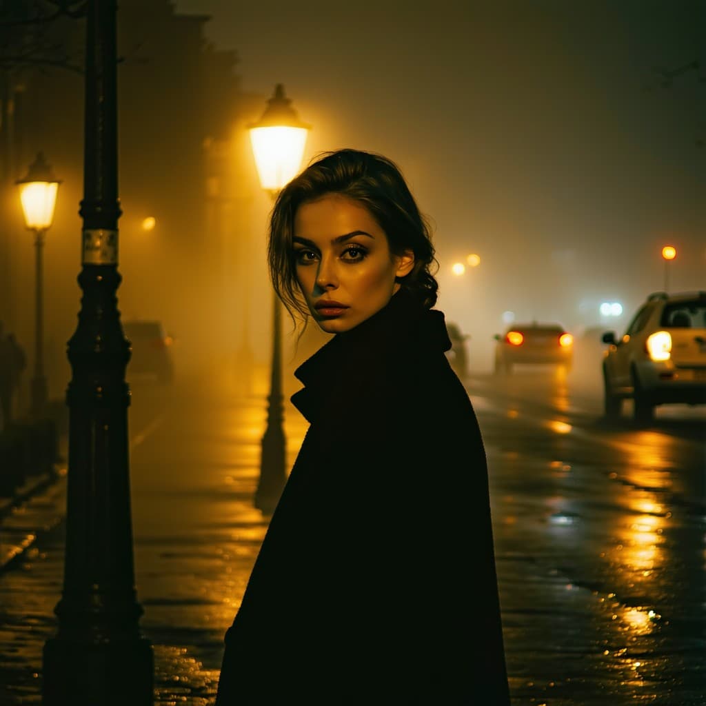 AI generated: A cinematic high-fashion portrait of a woman standing beneath the dim glow of vintage streetlights o...