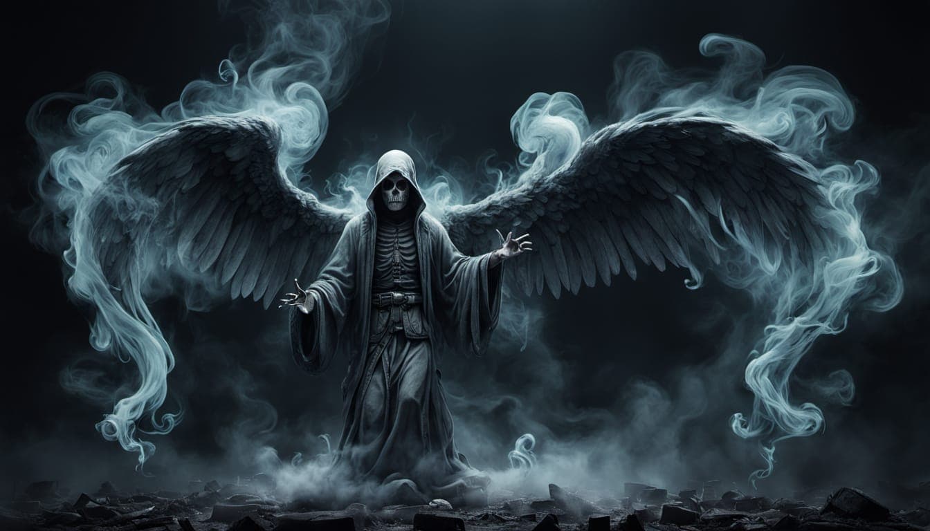 AI generated: 3D rendering of swirling smoke, horror, angel of death, plasma dripping ghost, disintegrating, swirl...