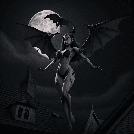 AI generated: Manananggal, female half-body (no lower body part) monster with bat-like wings and fangs, flying nea...