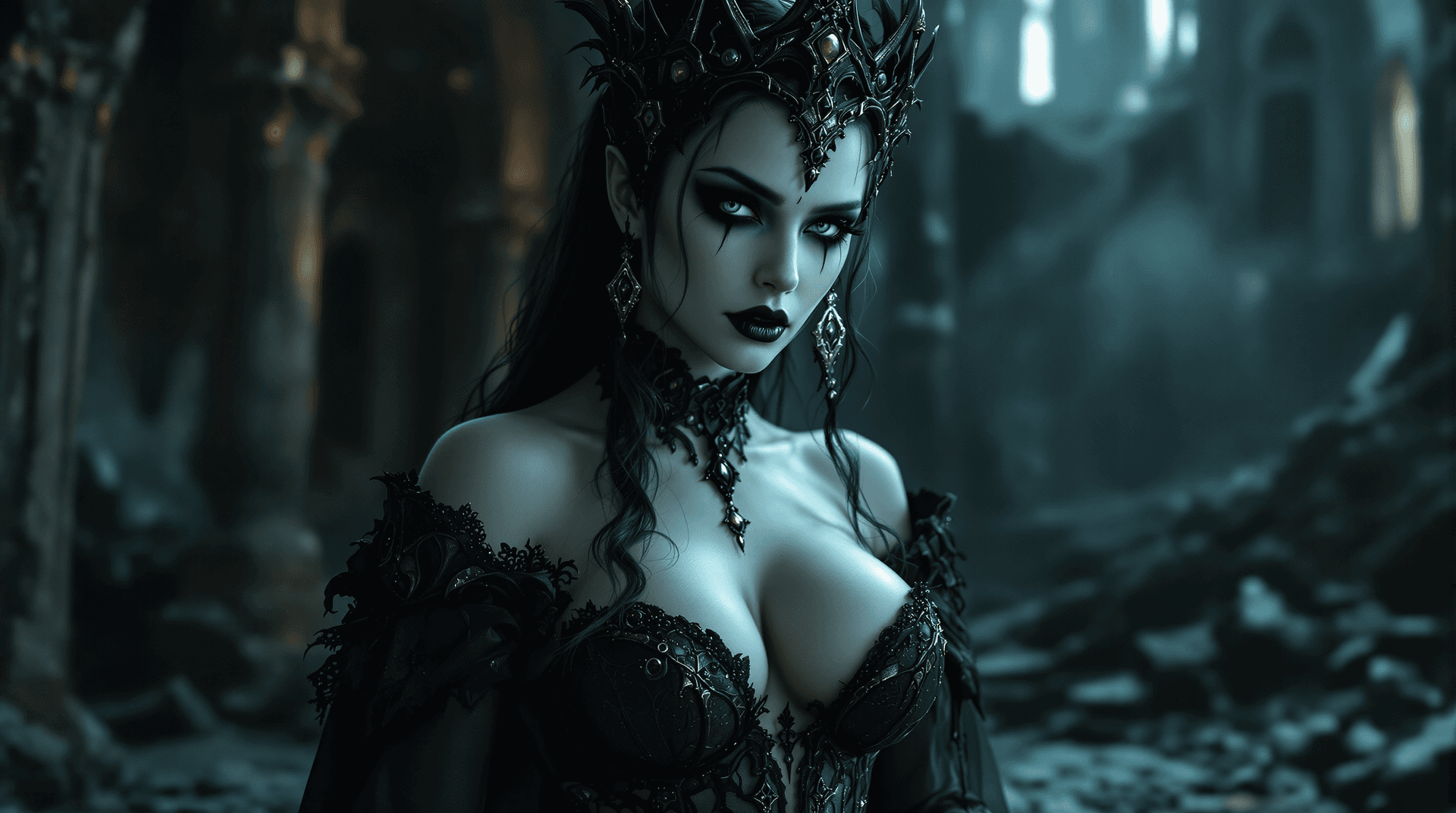 AI generated: a girl,masterpiece, glamourous photography of the Queen of the Underworld , pale skin, heavy dark ey...