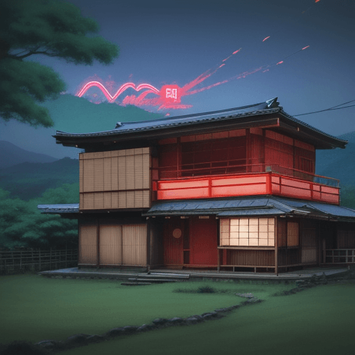 AI generated: anime style painting of an idyllic japanese house with neon signs in the country side with looming m...