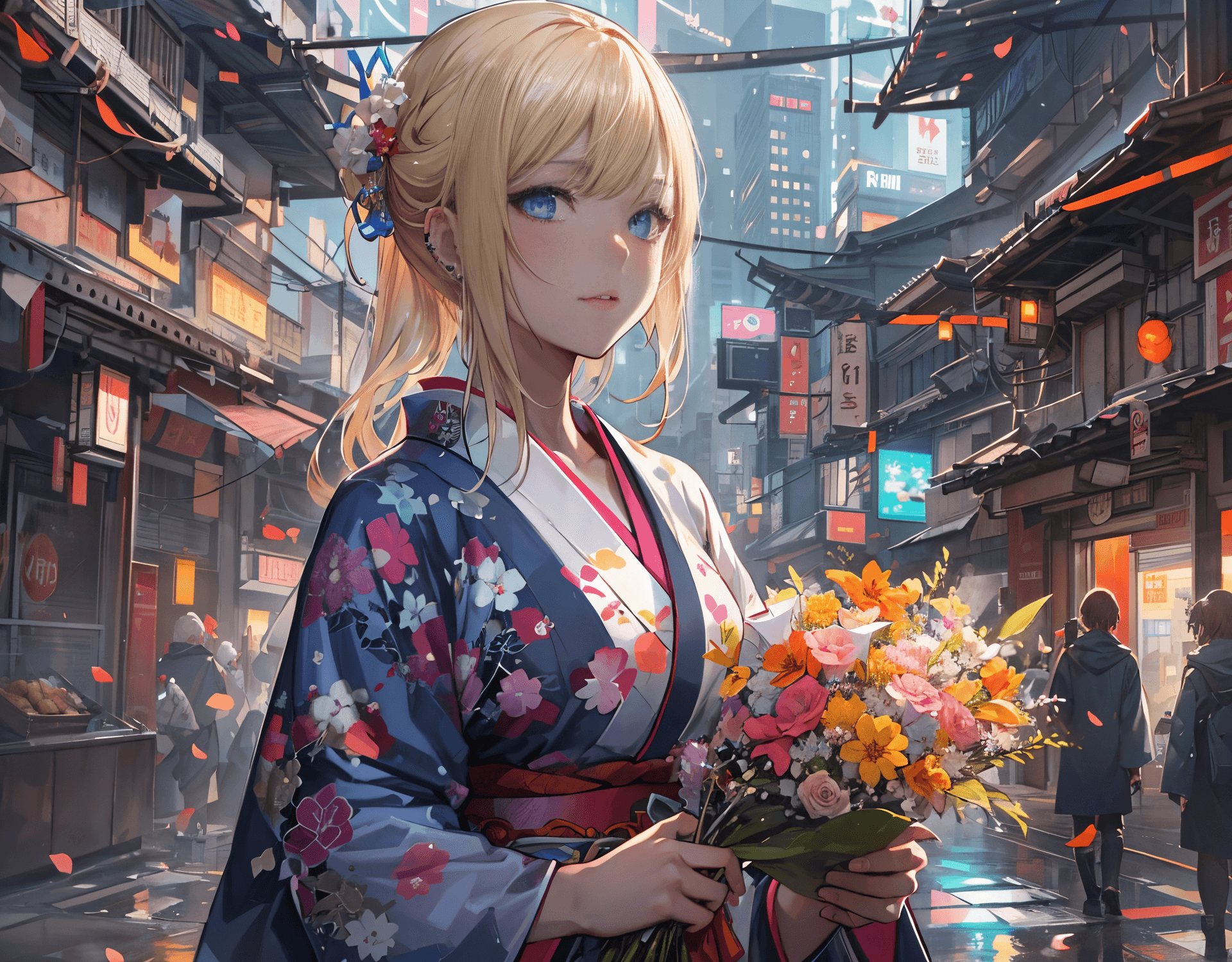 AI generated: masterpiece, concept art, illustration, centered, a pretty girl holding a bunch of flowers on a city...