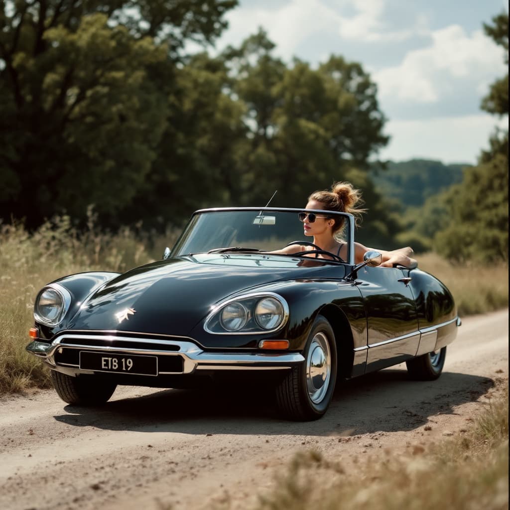 AI generated: gorgeous lady driving ,the Citroën DS 19 black Convertible, in the countryside, 