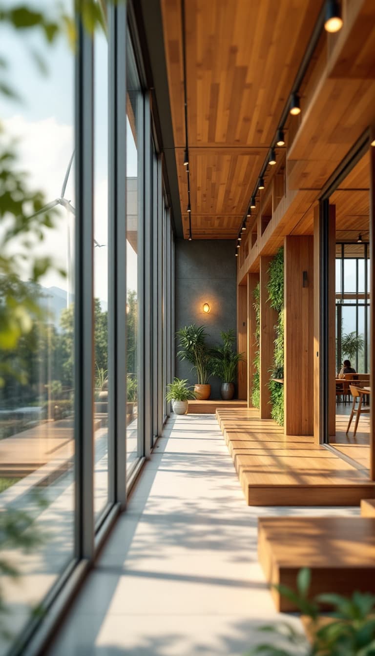 AI generated: Eco-friendly building, reclaimed wood accents, living green walls, bamboo flooring, low-carbon concr...