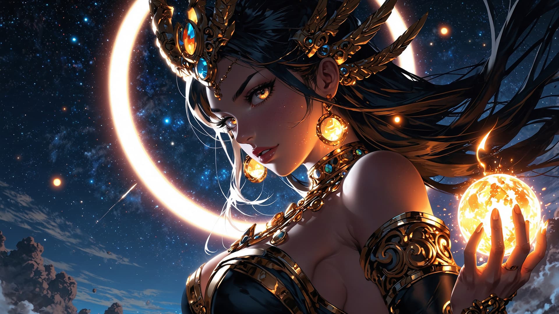 AI generated: A luminously powerful Lunar AI deity, emanating a celestial aura that glows with ethereal energy. Th...